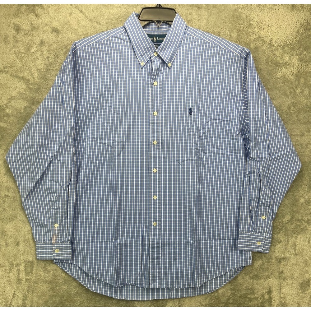 Ralph Lauren Mens Blake Shirt XL Blue Plaid Two-Ply Cotton Long Sleeve Button Up